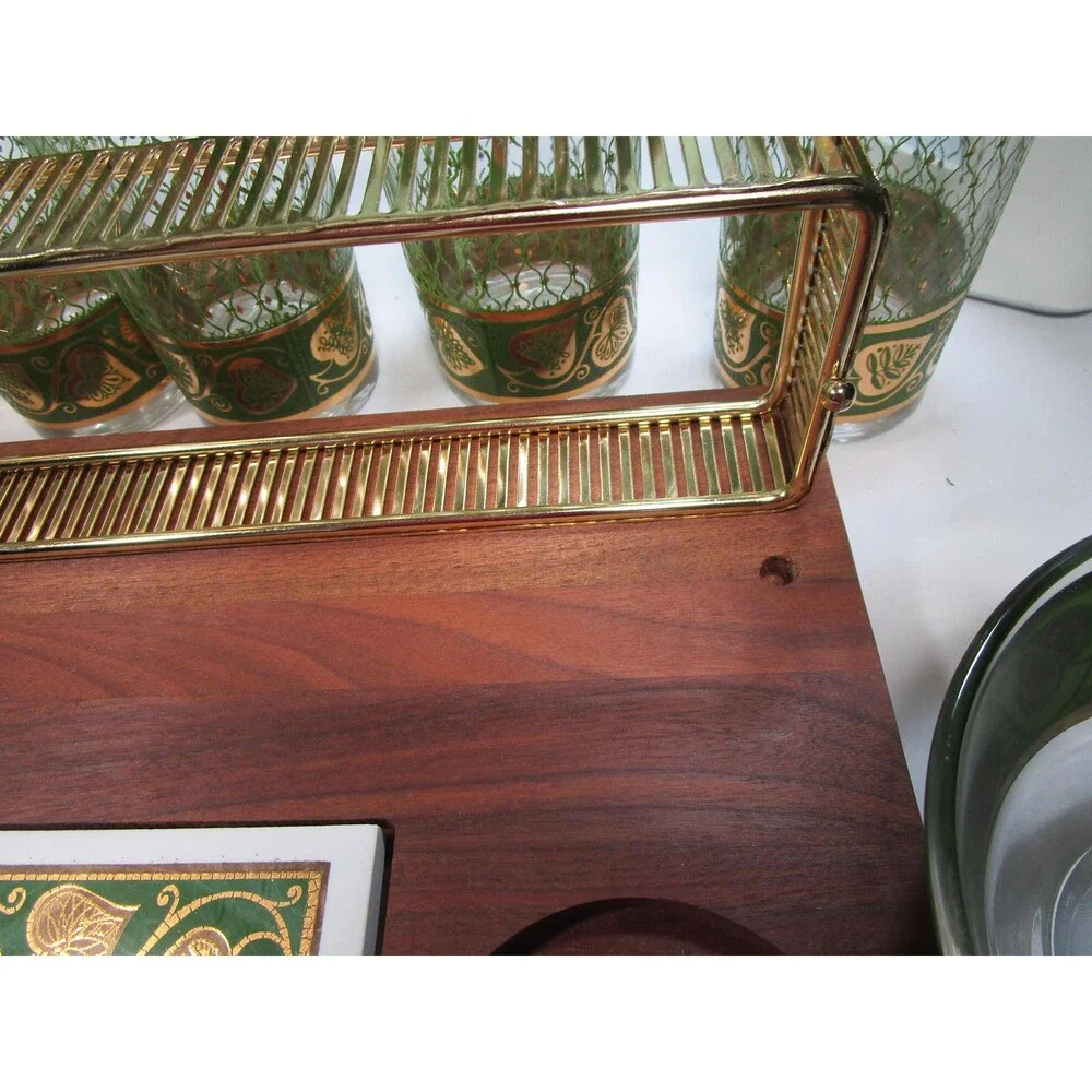 1960s Culver Highball Set, 8 Tumblers, 2 Bowls, Wood Tray, 22k Gold